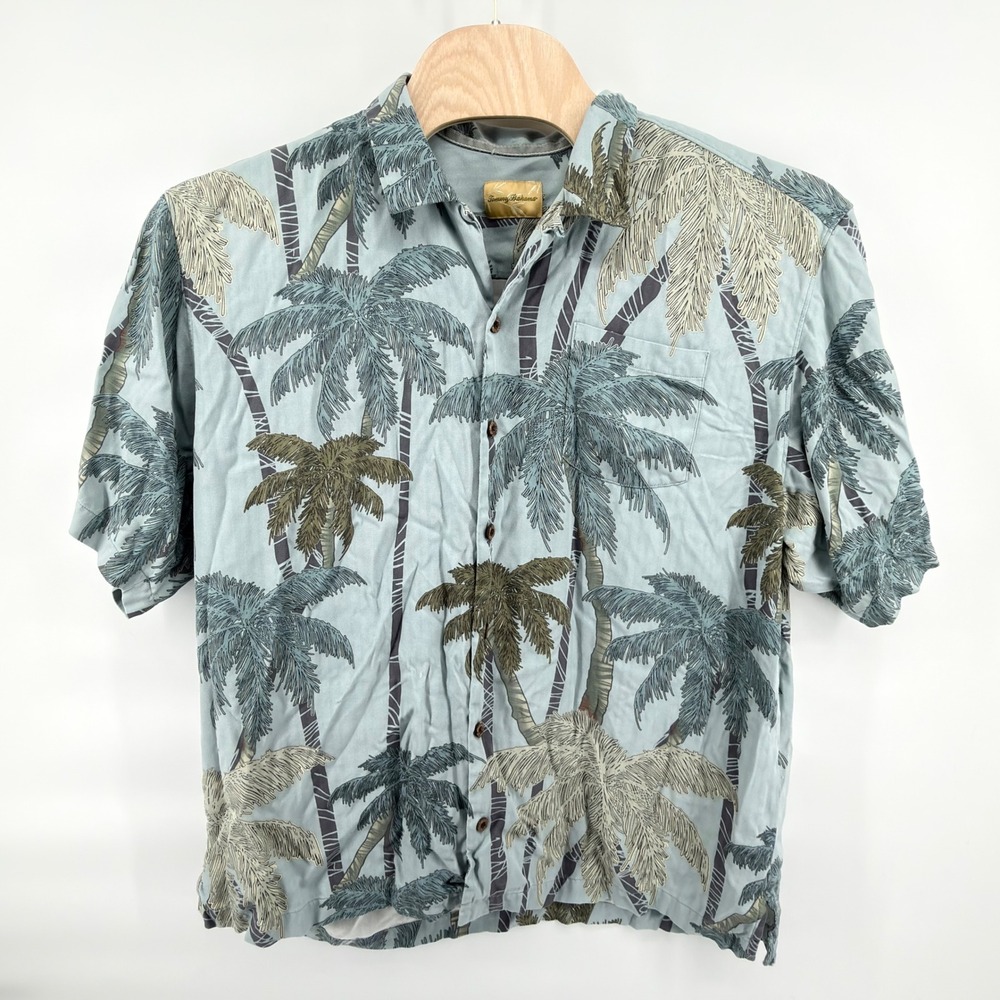 Tommy Bahama Button Up Shirt Mens XL Blue Silk Palm‎ Tree Herringbone Hawaiian